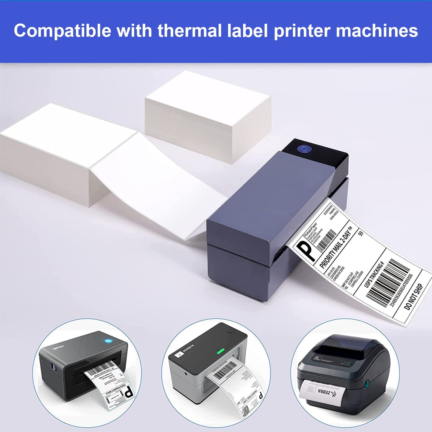 RyhamPaper 4" x 6" Fanfold Direct Thermal Labels - White Shipping Mailing Postage Labels, Perforated, Permanent Adhesive (4 Stacks - 4000 Labels)