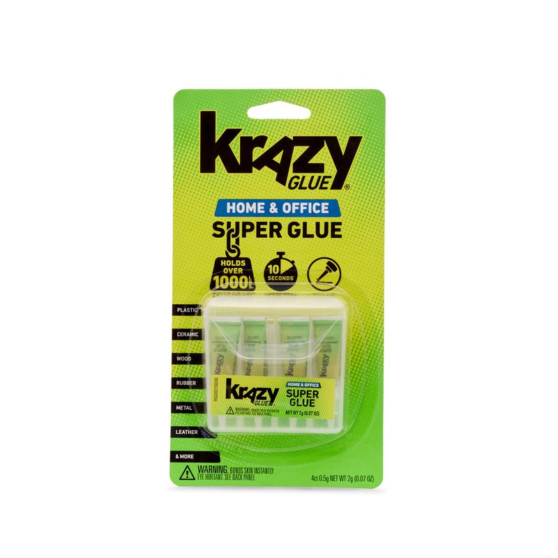 Krazy Glue Home & Office Superglue Singles, 4 x 0.5 g Tubes, Fine Tip Single-Use Adhesive for Plastic, Ceramic, Wood, Rubber, Metal & More, Clear and Fast-Drying, Holds Over 1000 Lbs*