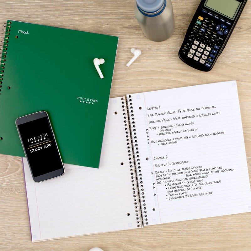 Five Star Spiral Notebook + Study App, 5 Subject, College Ruled Paper, 8-1/2" x 11", 200 Sheets, Fights Ink Bleed, Water Resistant Cover, Forest Green (72079) (Pack of 6)