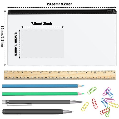 Marspark 100 Pieces Clear Pencil Case Zipper Envelope Bulk with Label Pocket Clear Plastic Envelopes with Zippered, A6 Pencil Bags for Cash, School Office Supplies, 9.2 x 4.7 Inches(Black)