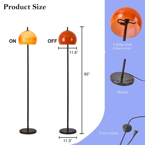 Ainedi Mid Century Floor Lamp, Mushroom Retro Floor Lamp with Orange Bell Glass Shade and Black Marble Base, Modern Standing Tall Lamp for Living Room, Bedroom, Home Office Deco