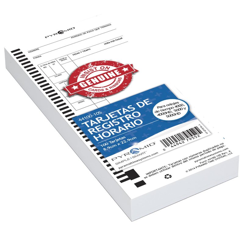 Pyramid Time Systems 44100-10S Spanish Time Cards, Compatible with Pyramid 4000, 4000PROK, 4000HD, 5000, and 5000HD Punch Time Clocks, 3.5" x 9" Single Sided Time Sheets, Made in USA, 100 Pack