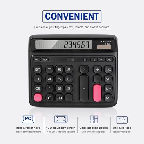 Comix Desk Calculator - 12-Digit Large LCD Display | Solar & Battery Power | Ideal for Home, Office, School