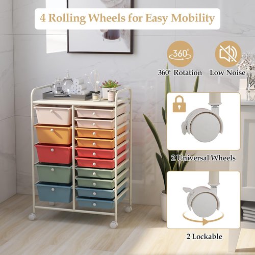 HAPPYGRILL 15-Drawer Rolling Cart, Storage Carts with Removable Drawers & Steel Frame, Utility Cart on Lockable Wheels for Home, School, Office, Macaroon