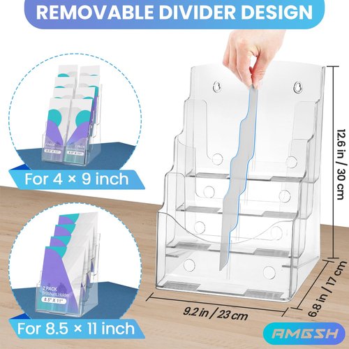 AMGSH 2 Pack 4 Tier Brochure Holder 8.5” x 11” Acrylic Literature Holder with Removable Divider for 4” x 9” Brochure, Clear Flyer Holder Pamphlet Display Stand