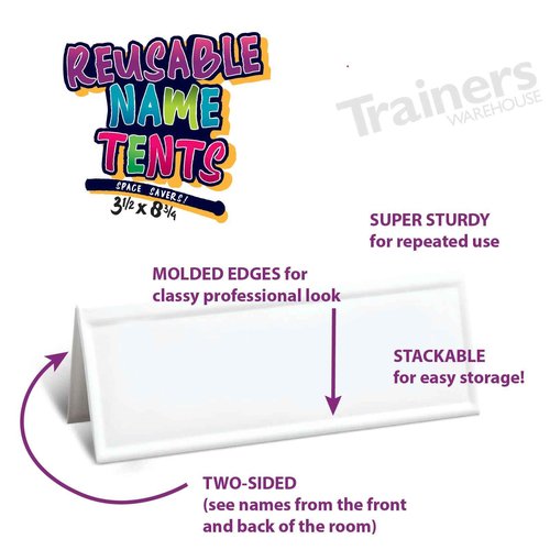 Trainers Warehouse Heavy Duty Premium Reusable Name Cards, White, Dry-Erase Tent, Space Saver, 8.75" x 3.5" (10)