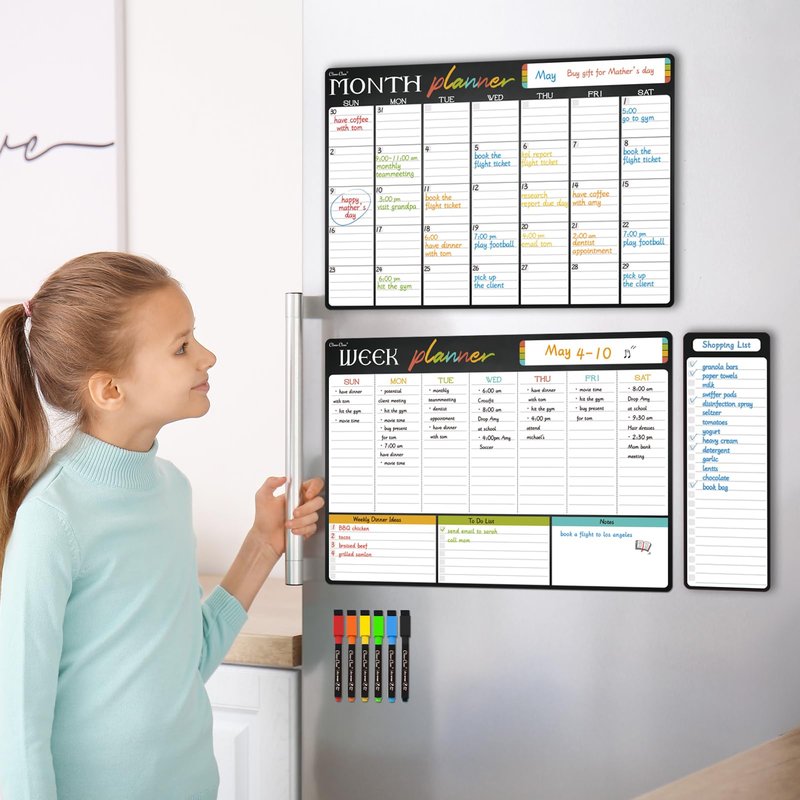 Magnetic Dry Erase Monthly Calendar Set - 17"x12" Monthly and Weekly Calendar, 4"x12" List Board for Fridge - 6 Extra Fine Point Markers Included - Shipped Flat