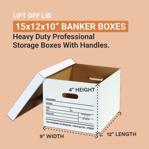 Aviditi File Storage Boxes with Lids 15" L x 12" W x 10" H, Pack of 12 | Letter or Legal Size Files, Cardboard Box with Handles for Bank, Office, Home, Tape Free Assembly, White 15x12x10