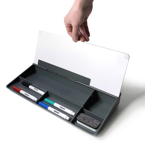 Desktop Dry Erase Board 16 x 7 inch | Glass Whiteboard with Stationary Storage Compartments | Phone and Tablet Holder for Desk or Table. White Board for Home Or Office | 4 Dry Erase Markers & Eraser