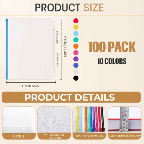 Handepo 100 Pcs Binder Pockets for 3 Ring Zippered Binder Pouches Bulk 11. 4 x 8. 66 Inch Plastic Pencil Pouches Multicolor Waterproof File Bag for Document Filing Sewing Jewelry Stationery Storage