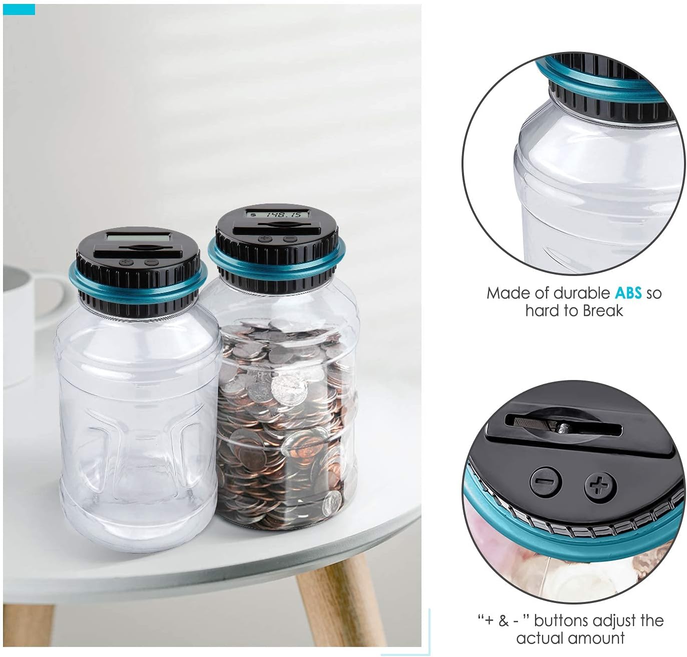 Vcertcpl Digital Coin Counting Bank - 2-Piece Set with LCD Counter | 1.8L Capacity for All US Coins (Blue-Purple)