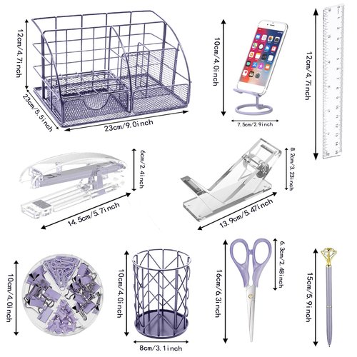 YOLOZAI Purple Office Desk Organizers,Purple 13PCS Office Supplies and Accessories Desk organizer, Acrylic Stapler, Staple Remover, Clips, Scissor, Phone Holder, Pen, Pen Holder, Tape Dispenser