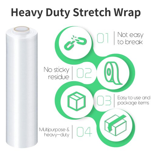 Stretch Film, HERKKA Stretch Wrap with Handles Industrial Strength, Moving Wrapping Plastic Roll, Shrink Wrap for Pallet Wrap, 15" x 1000 Feet, 4 Pack, 60 Gauge