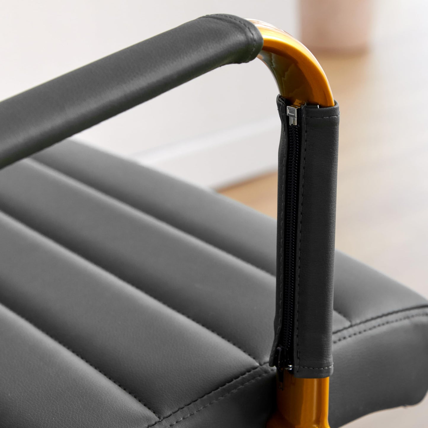 Livinia Modern Executive Office Desk Chair, Chrome & Leather Conference Room Swivel Chairs with Ribbed High Back, Adjustable Height, Removable Armrest, and Wheels for Home Office (Black(Gold))