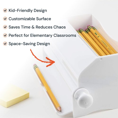 SimplyImagine Pencil Dispenser for Classroom & Office - 10.5 in W x 5.5 in D x 4 in H White Acrylic - Holds 50 No. 2 Pencils with Smooth Rolling Knob - Classroom Must Haves & Teacher Gadgets