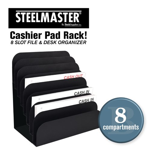 BankSupplies STEELMASTER Steel Cashier Pad Rack - 8 Slot File & Desk Organizer - Paper Organizer - Black Powder Coat Finish - Scratch & Chip-Resistant - Forms, Applications, Deposit Slips & Checks