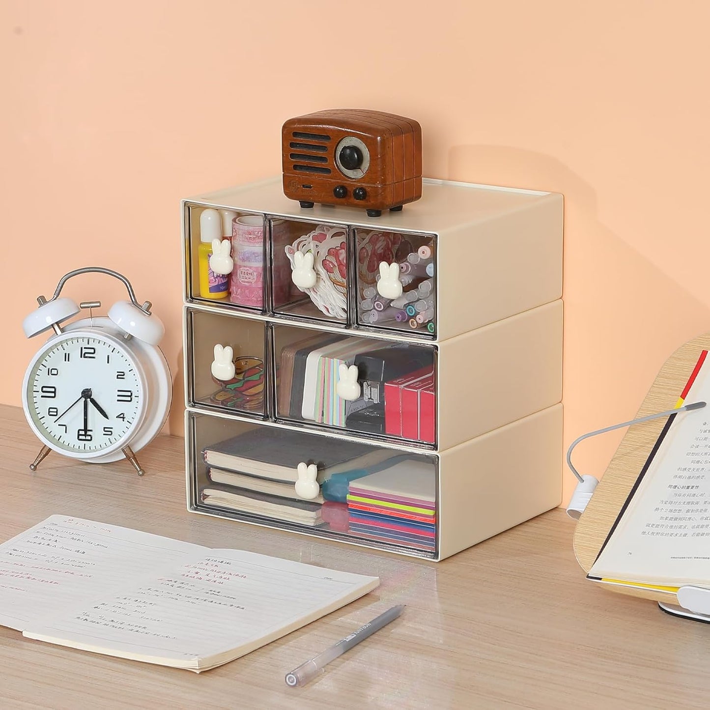Skiennix Desktop Storage Drawers - Modular Stackable Organizer with 6 Drawers | Cream & Clear Finish
