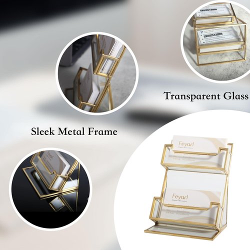 Feyarl Gold Glass Business Card Holder Horizontal Business Card Stand for Women Desktop Name Card Display Stand Card Display Organizer Storage for Office Desktop Meeting Exhibition Store (2 Slots)