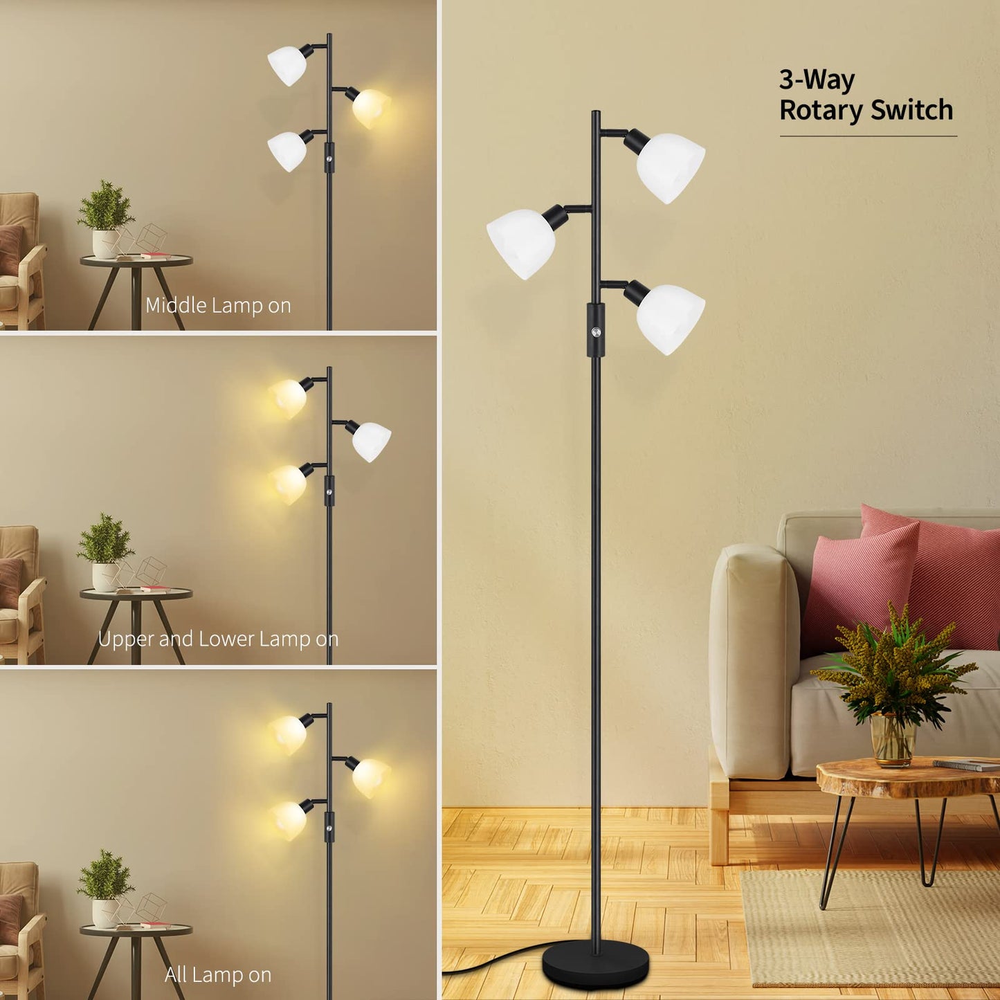 BoostArea Floor Lamp, Standing Lamp, Torchiere Floor Lamp with 3 Adjustable Rotating Lights, 3 Way Switch, 3PCs E12 4W LED Bulb Included, Metal Pole Lamps for Living Room, Bedroom, Home, Office