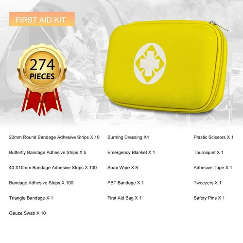 274PCS Hiking First Aid Kit for Home Personal Emergency Supplies Compact Bag for Backpack, First Aid Essentials Survival Kit for Business Travel Car Yellow Monoki