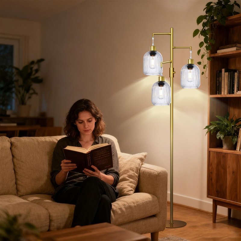 LVYE Modern Standing Lamps for Living Room, Floor Lamp with Clear Ribbed Glass Shade, Dimmable Tree Lamp Standing Lamp, Mid Century Tall Lamps with 3×600LM LED Bulbs