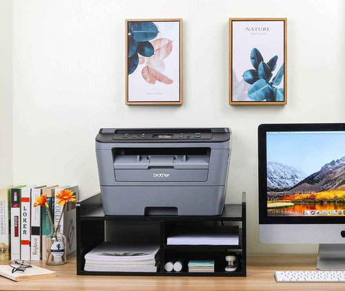 PAG Desktop Printer Stand with Storage, Paper Storage Holder Rack for Desk, Wooden Printer Organization for Home/Office, Black
