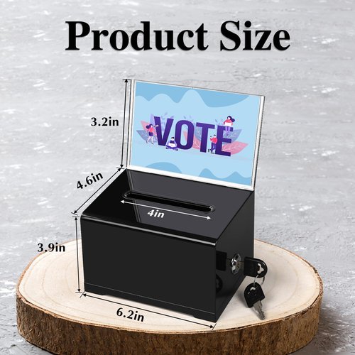 VOISEN Acrylic Donation Box with Lock, Black Ballot Box with Sign Holder, 2 Pack Suggestion Boxes for Fundraising, Donation, Bar, School Voting, 6.2x4.6x3.9 Inch