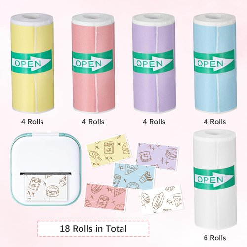 18 Rolls Mini Printer Sticker Paper, Colorful Thermal Printer Paper Set, Self Adhesive Mini Printer Thermal Sticker Compatible with Most Instant Inkless Refilling, 2.24 × 1 In (57 × 25 mm)
