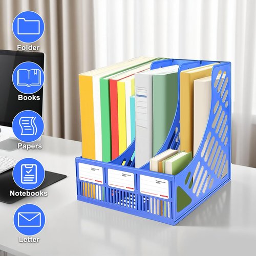 GLUWEE Desk File Organizer 3 Sections Upright Mesh Desktop Organizer File Sorter Letter Paper File Holder for Home, Office & Classroom- Blue