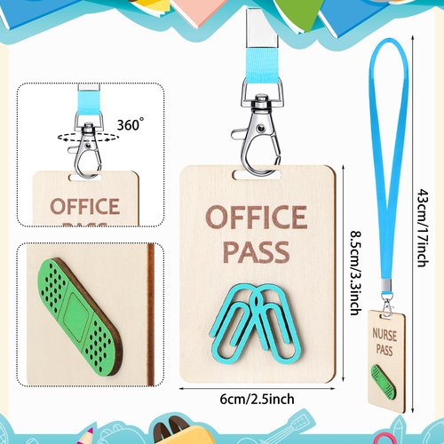Chiisong 6 Sets Hall Pass Lanyards and School Passes Set Unbreakable Wooden Bathroom Passes for Classrooms Hall, Restroom, Library, Office and Nurse School Teacher Supplies Gift