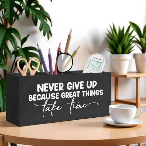FITIE Inspirational Quotes Pencil Pen Holder for Desk, Never Give Up Because Great Things Take Time Wooden Pencil Holder Organizer for Home Office Desk Accessories, Gifts for Coworker
