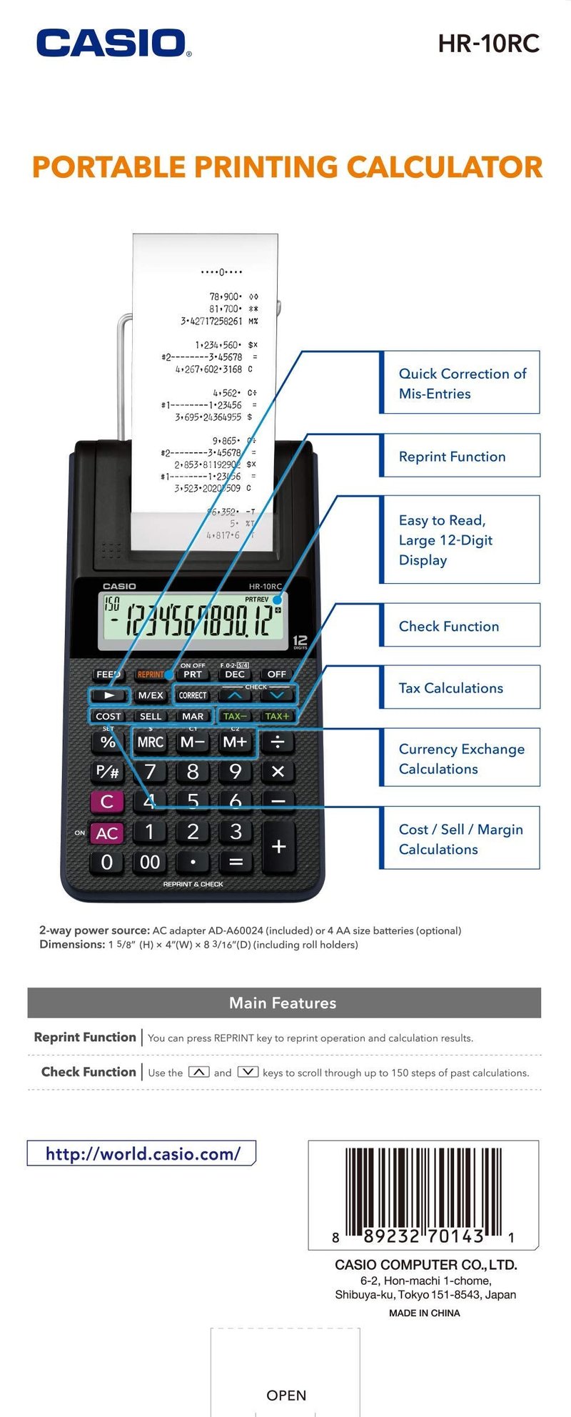 Casio HR-10RC Mini Desktop Printing Calculator | Portable | 12-Digit Display | One-Color Printer | Tax & Currency | Ideal for Taxes, Bookkeeping & Accounting Tasks, Black