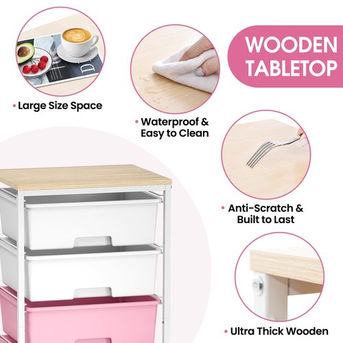 Rolling Storage Cart with Drawers,Utility Cart with 6 Large Drawers and Wooden Tabletop,Craft Storage Cart with Lockable Wheels for Bedroom, Office, Classroom, Kids'Room, Living Room (Pink)