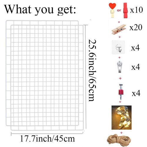 GBYAN 2 Pack Large Wall Grid Panels with Light and Clips, Photo Display Board, Picture Frame Collage Board, Wire Grid Wall Panel Room Decoration,White