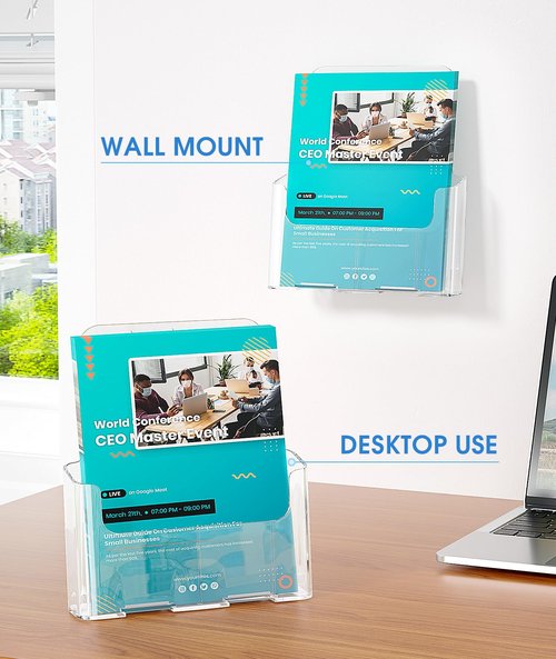 KTRIO Acrylic Brochure Holder 8.5 x 11 inch, Plastic Clear Literature Holders Rack Card Display Trifold Brochures Stand, Stands for Flyer, Pamphlet, Magazine, Booklet, Desk & Wall Mount, 2 Pack