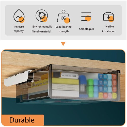 2 Pack Under Drawer Organizer, Slide Out Under Desk Storage, Self-Adhesive Drawer Attachment for Office, School, Home, Hidden Desktop Organizer for Office Supplies & Home Essentials (Black)