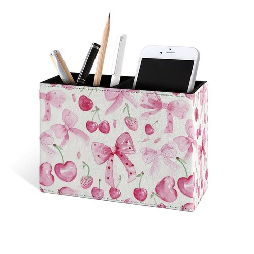 Famame Cute Bows Pink Cherry Pencil Holder for Desk, Leather Desktop Container Pen Cup Storage Study Table Pen Organizer Makeup Brush Holder for Classroom Office Home