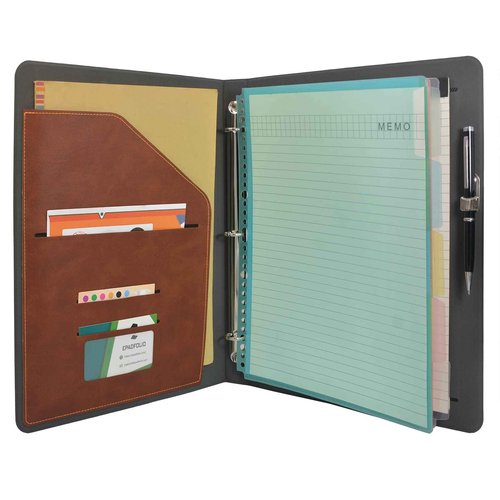 3 Ring Binder Padfolio Clipboard Case with Color File Folders, PU Leather Padfolio Ring Binder with Clipboard (Coffee, Standard)