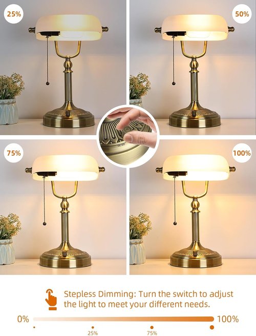 Newrays White Matted Glass Bankers Desk Lamp - Stepless Dimmable Table Lamp for Home Office & Study