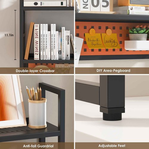 Brakki Desk Shelf, 35.43" Desk Hutch Bookshelf, Desktop Shelf with Pegboard for Computer Monitor, Metal Desktop Hutch Storage Organizer for Dorm Home Office, 2 Tier Bookcase, Black