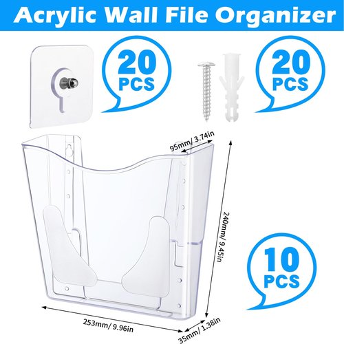 RattanView 10 Pack Acrylic Wall Pocket File Holders Single Pocket Wall Mount File Organizer Hanging Mail Magazines Organizers for Office Home Classroom(Transparent)