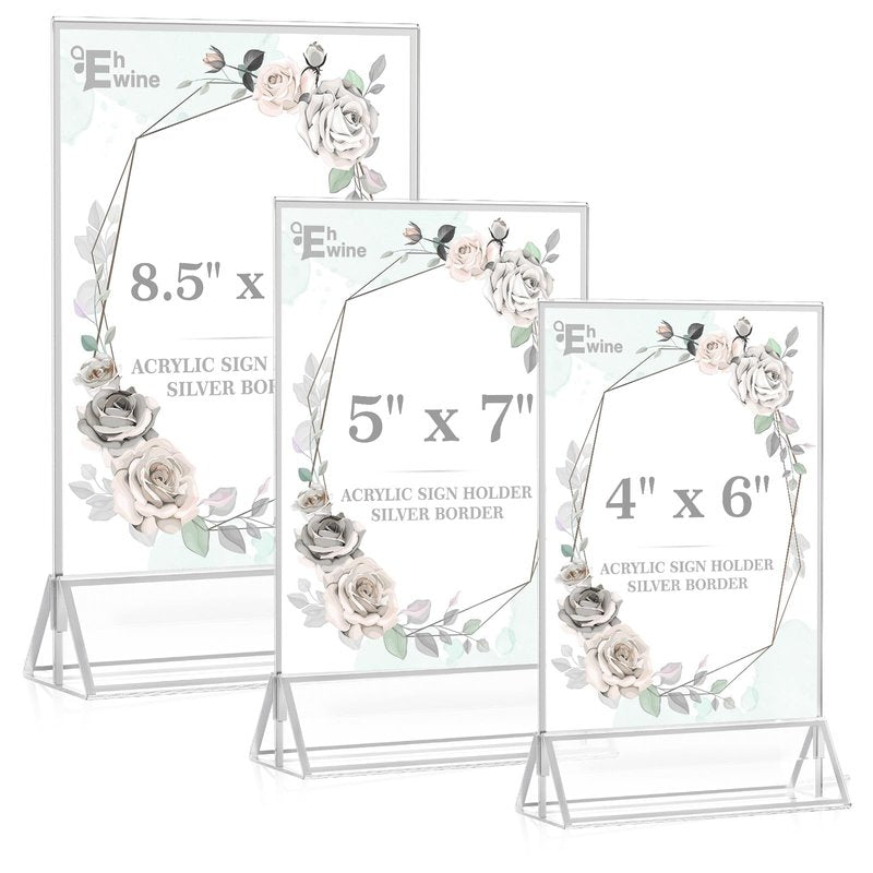EHWINE 12 Pack Acrylic Sign Holder 4 x 6, Double Sided Silver Picture Frame Stand up Table Top Sign Holders, Clear Display Stand Menu Flyer Holder for Wedding Party(Provide Non-slip Mats)