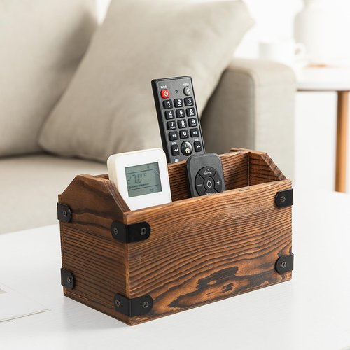 ExoLiry Brown Torched Wood Remote Control Organizer Burnt Wooden Tabletop Storage Caddy Two Compartment Holder TV Game Consoles Cell Phone Kitchen Utensils Office Supplies Living Room Home Bedroom