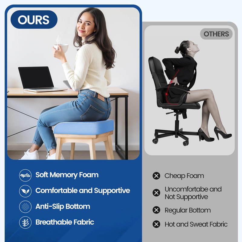 SweetSlubr Seat Cushion for Tailbone Pain Relief, Office Chair Cushion, Memory Foam Large Chair Cushion with Non-Slip Cover for Soft Support at Office Chair, Car Seat, Airplane Light Blue/Large