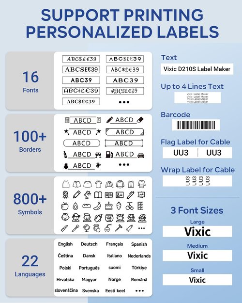 Vixic Label Maker Machine with-Tape, D210S Label Maker with Keyboard, Labeler Includes USB-C Cable Stay Powered, Portable Label Machine Waterproof-Labels Different Fonts for Home Office Organization