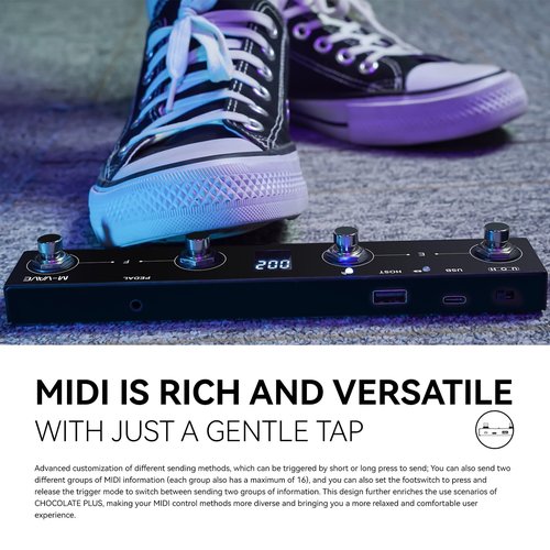 M-VAVE Chocolate Plus Wireless Page Turner Pedal MIDI Foot Controller 4 Buttons BT Rechargeable External Pedal for Loop Pedal Tuner Switching Control