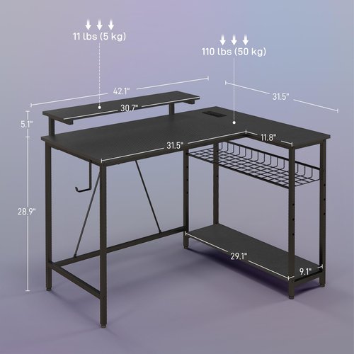 Zentrava 42" L Shaped Computer Desk, Corner Gamer Table with LED Lights, USB Charging Ports, Power Outlet, Reversible L Shaped Computer Desk with Storage Shelves and Monitor Stand (Black)