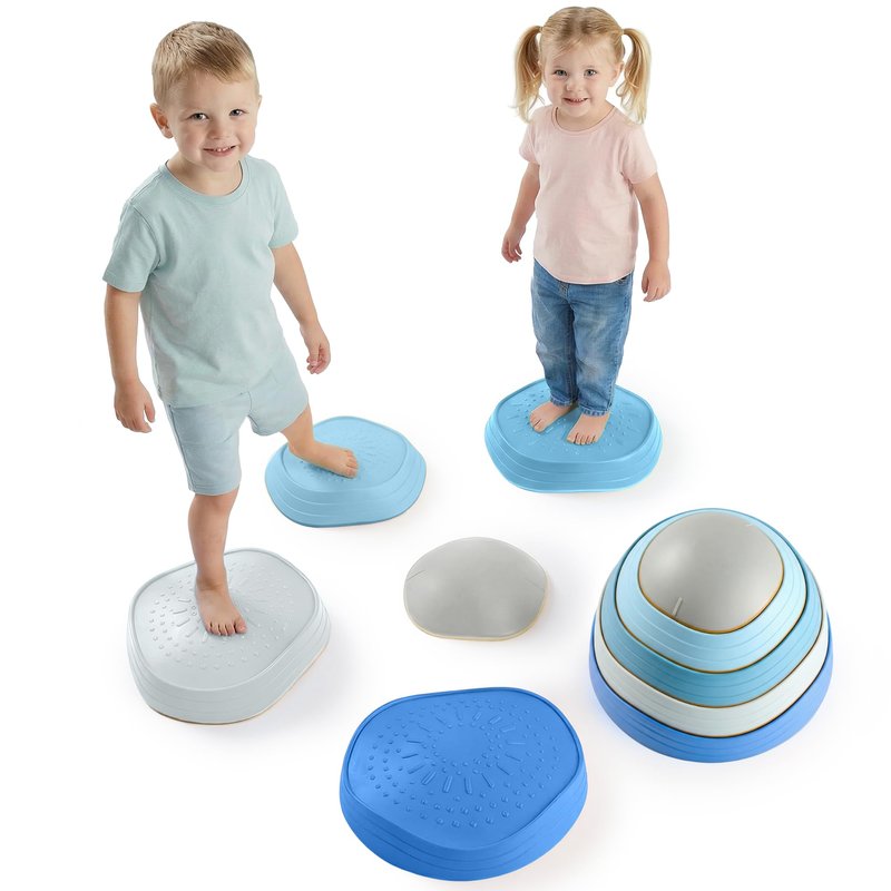 Special Supplies Stepping Stones for Kids, 5 Balance Indoor and Outdoor Blocks Promote Coordination, Balance, Strength, Child Safe Rubber, Non-Slip Edging, Stackable (Ocean)