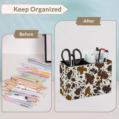 DEHOZO Pen Holder, Pencil Holder for Desk, PU Leather Desktop Pen Cup Storage, Desk Pencil Pen Organizer Makeup Brush Holder for Office Bedroom Home (Cow Print Skin Brown)