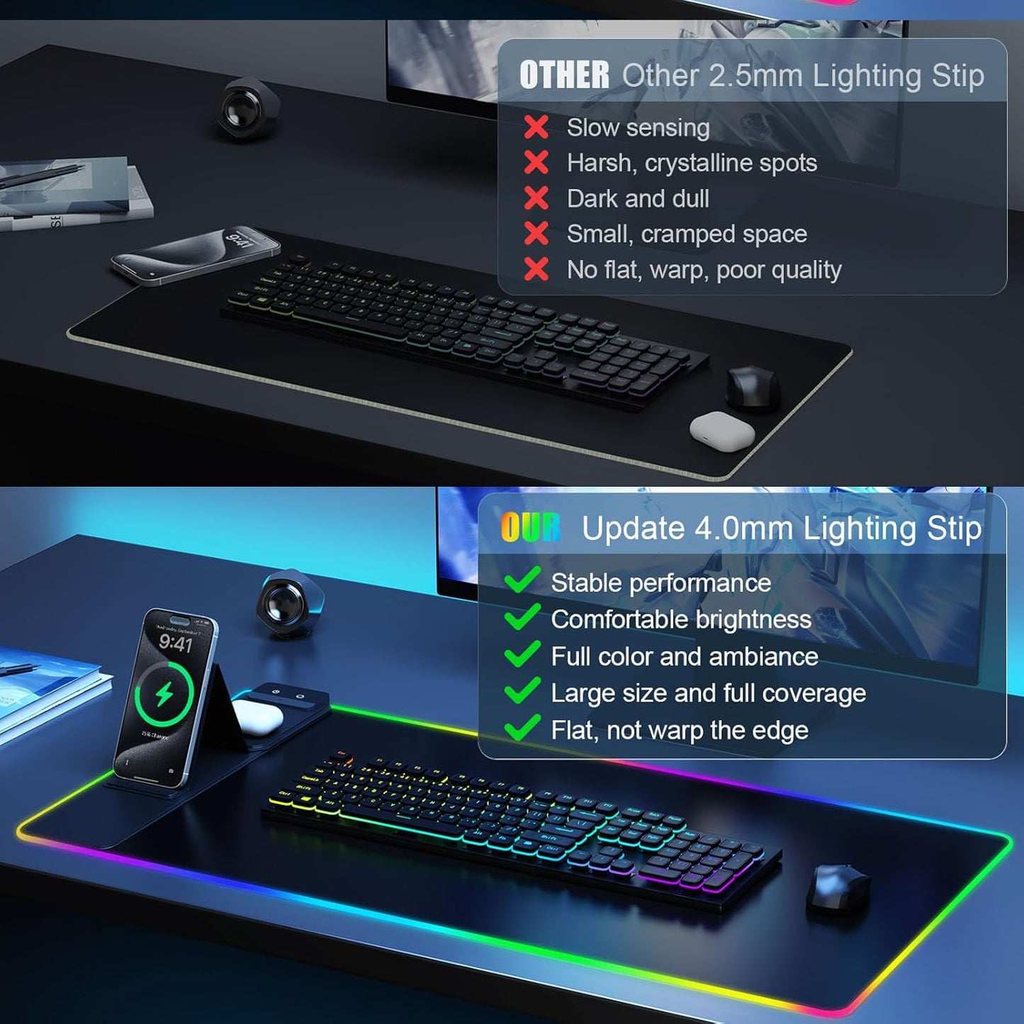 Skiennix Wireless Charging Mouse Pad - RGB Gaming Desk Mat with Phone Holder | Large, Ultra-Smooth, Non-Slip, Waterproof, Classic Black